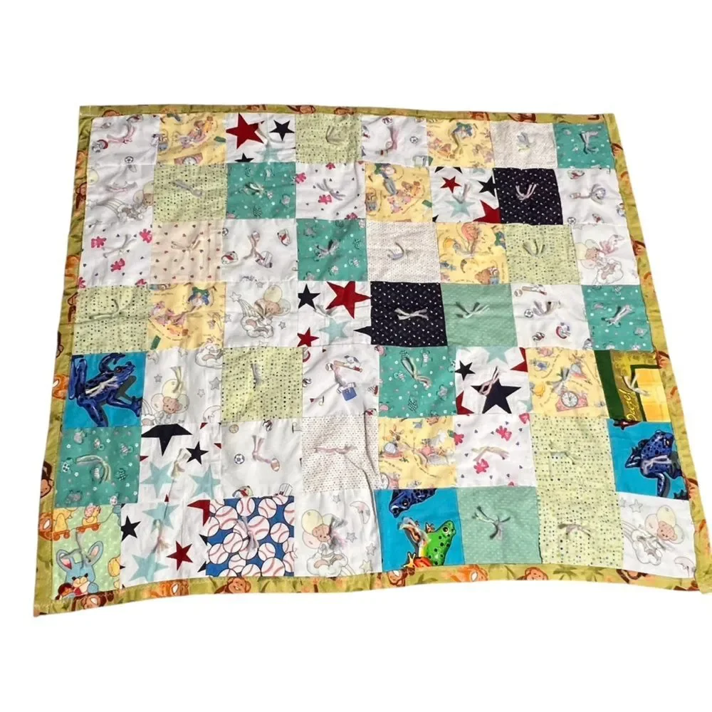 Homemade Monkey Patchwork Baby Quilt with Mixed  Quilt Squares Handcrafted 36x31